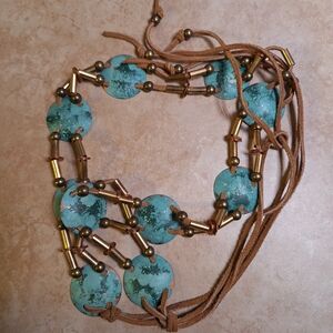 Metal Beaded And Rawhide Lace Boho Hippie Tie On Women's Belt Turquoise Color